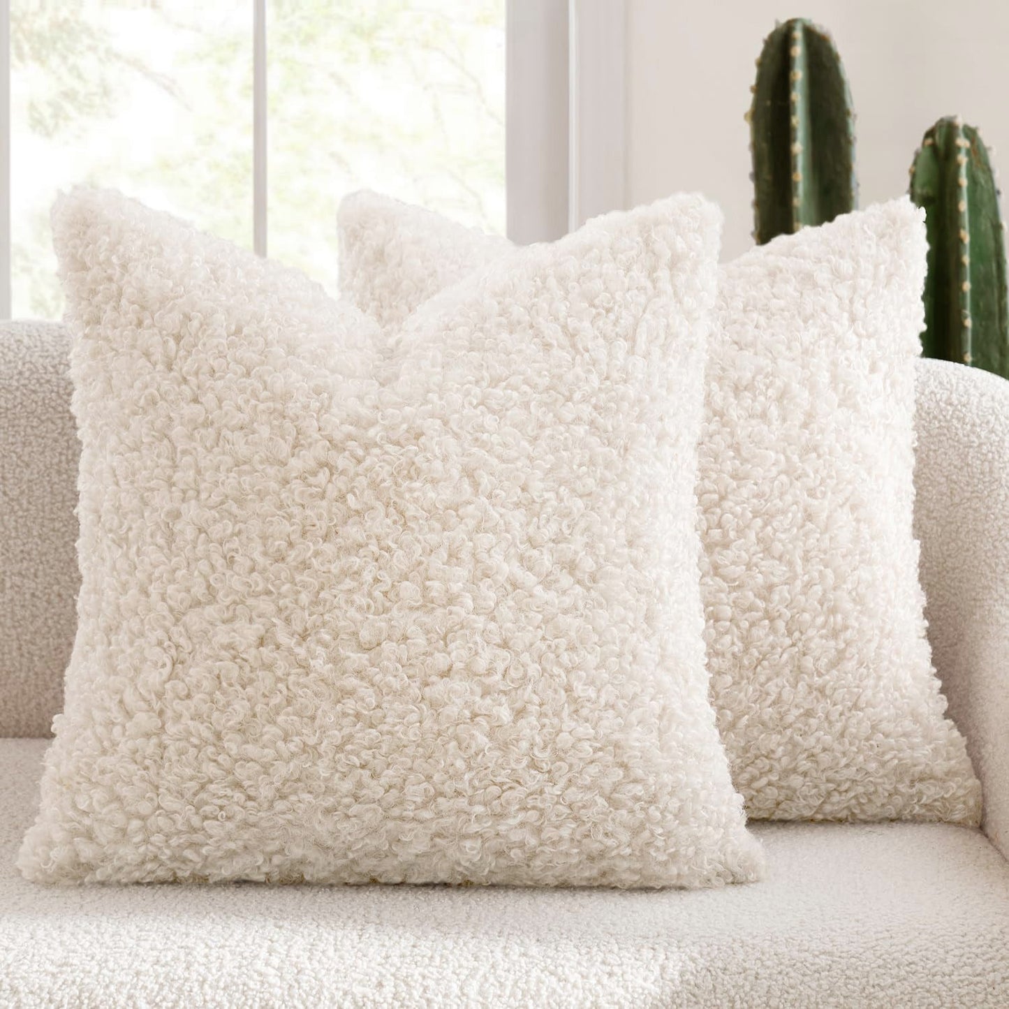 2 Pcs White Cozy Teddy Boucle Cushion Cover - Plush Decorative Square Pillow Case for Sofa & Bed Tristar Online