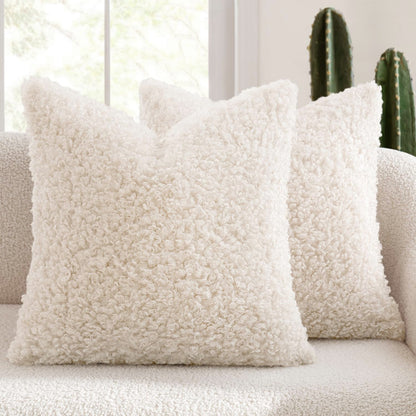 2 Pcs White Cozy Teddy Boucle Cushion Cover - Plush Decorative Square Pillow Case for Sofa & Bed Tristar Online