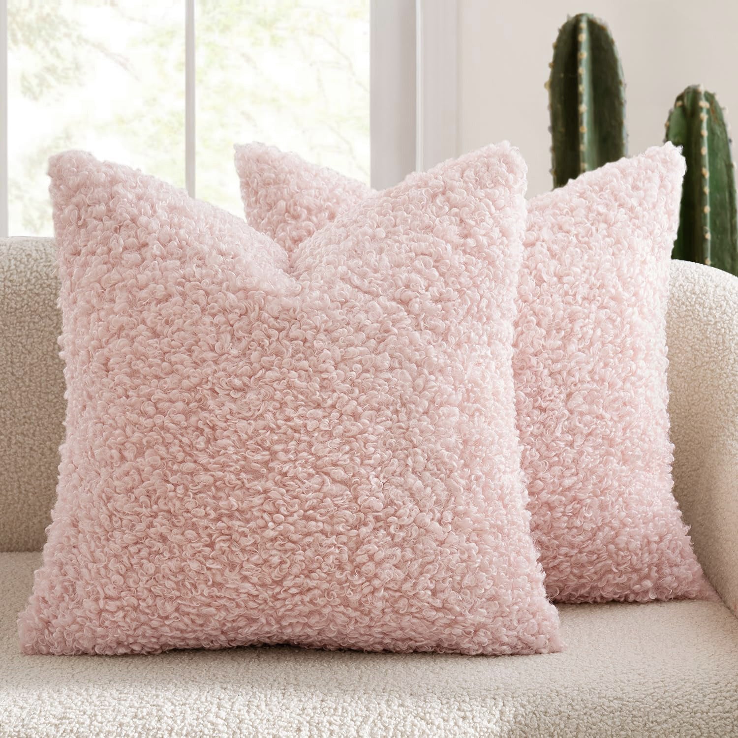 2 Pcs Pink Cozy Teddy Boucle Cushion Cover - Plush Decorative Square Pillow Case for Sofa & Bed Tristar Online