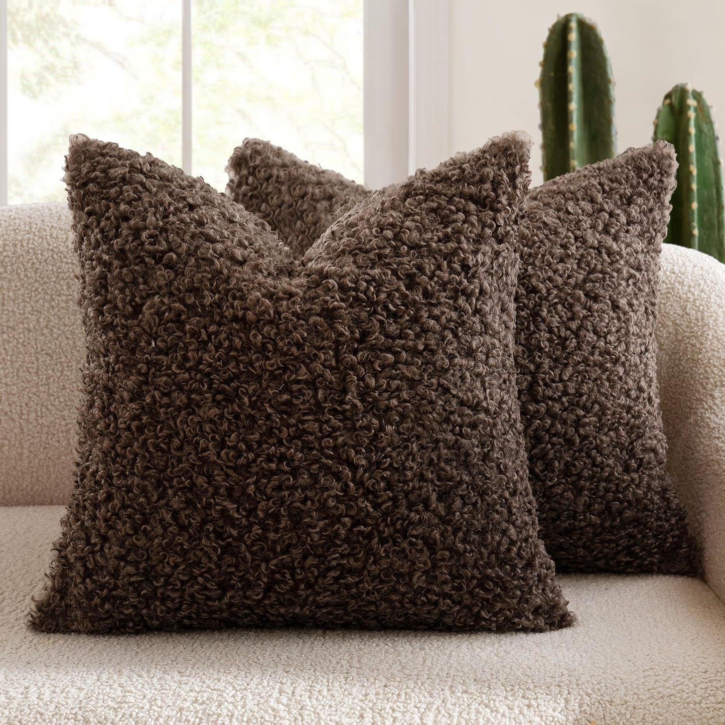 2 Pcs Coffee Cozy Teddy Boucle Cushion Cover - Plush Decorative Square Pillow Case for Sofa & Bed Tristar Online