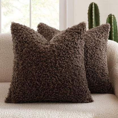 2 Pcs Coffee Cozy Teddy Boucle Cushion Cover - Plush Decorative Square Pillow Case for Sofa & Bed Tristar Online