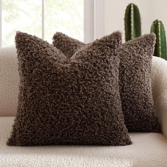 2 Pcs Coffee Cozy Teddy Boucle Cushion Cover - Plush Decorative Square Pillow Case for Sofa & Bed Tristar Online