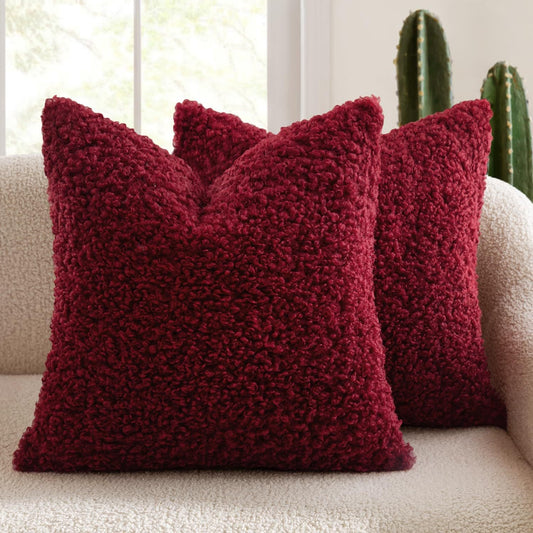 2 Pcs Red Cozy Teddy Boucle Cushion Cover - Plush Decorative Square Pillow Case for Sofa & Bed Tristar Online