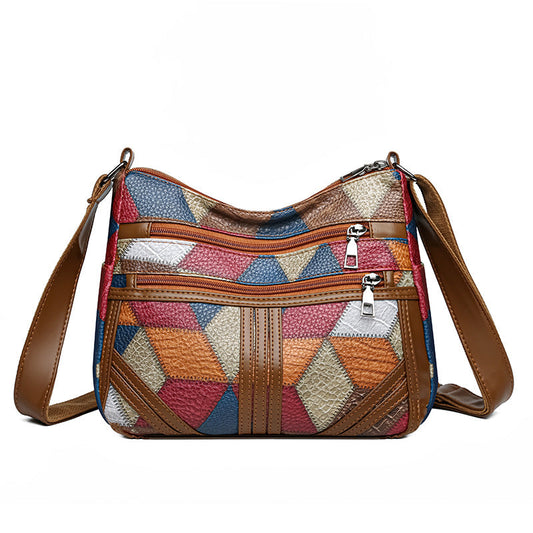 Colorful Vintage Geometric Patchwork Crossbody Bag - Women's Multi-Pocket PU Leather Shoulder Purse Tristar Online