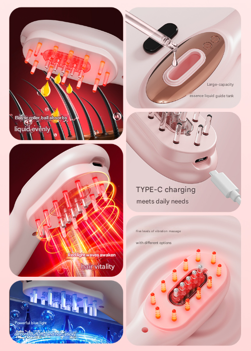 Pink Rechargeable Electric Scalp Massager with Red & Blue Light Therapy - Hair Oil & Serum Applicator Comb(Not containing essential oils) Tristar Online