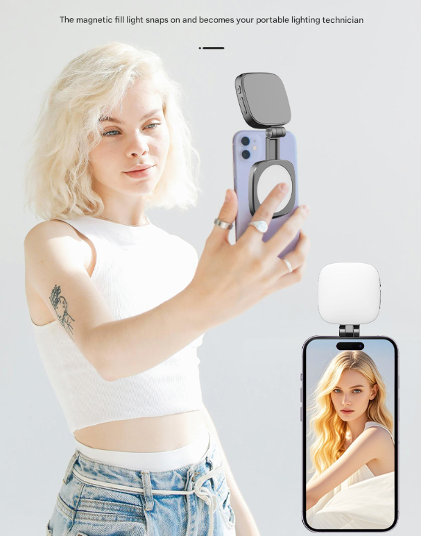 White Magnetic Foldable Selfie Light with Mirror - Rechargeable LED Fill Light for iPhone & Android Vlogging(Mobile phone is a shooting prop and is not included) Tristar Online