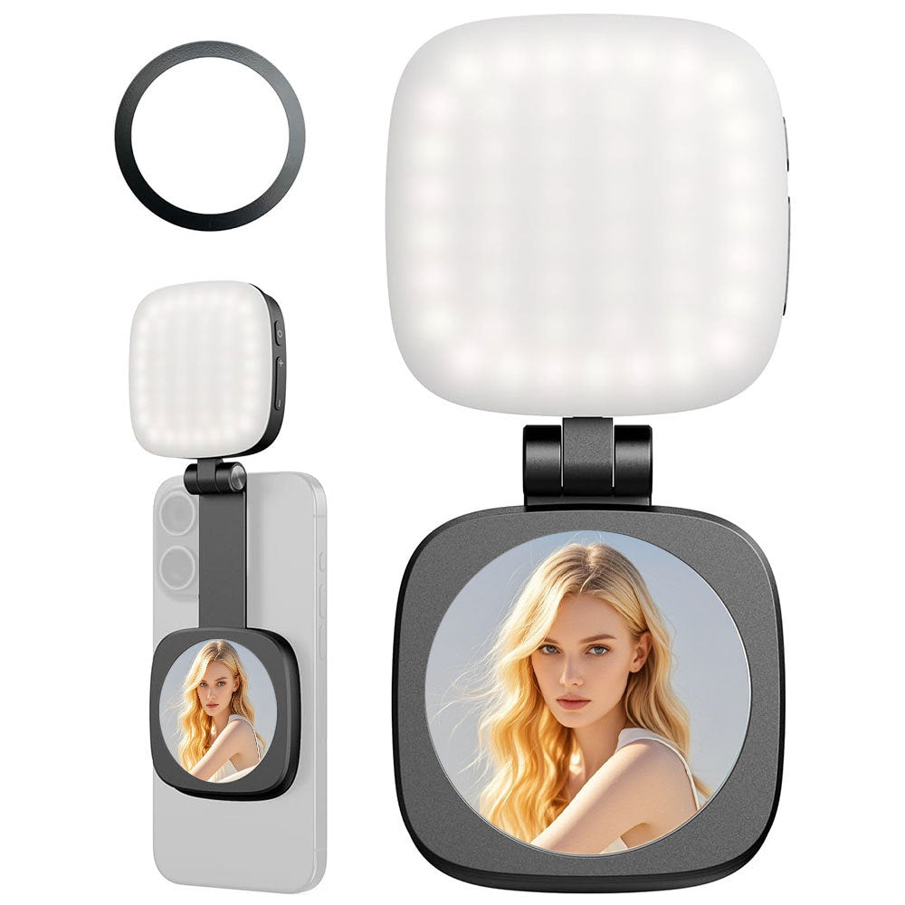 Black Magnetic Foldable Selfie Light with Mirror - Rechargeable LED Fill Light for iPhone & Android Vlogging(Mobile phone is a shooting prop and is not included) Tristar Online