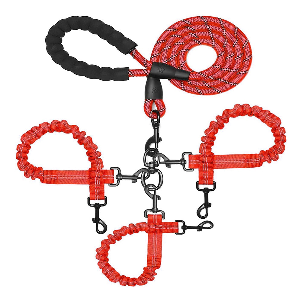 Red 3-in-1 Tangle-Free Dog Leash for 1-3 Dogs - Heavy Duty Bungee Coupler with Reflective Stitching & Padded Handle Tristar Online