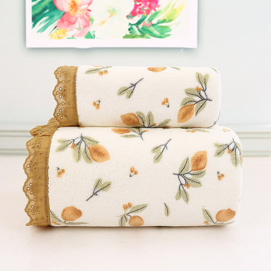 Beige Vintage Floral Lace Trim Towel Set - Ultra Soft Absorbent Coral Fleece Bath & Face Towel Tristar Online