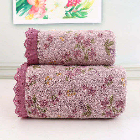 Purple Vintage Floral Lace Trim Towel Set - Ultra Soft Absorbent Coral Fleece Bath & Face Towel Tristar Online