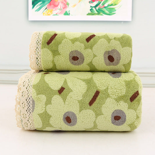 Green Vintage Floral Lace Trim Towel Set - Ultra Soft Absorbent Coral Fleece Bath & Face Towel Tristar Online