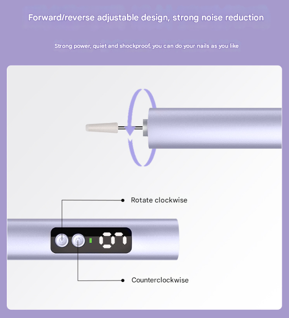 Purple Professional Electric Nail File Kit - Portable USB-C Rechargeable Manicure Drill with 6 Speeds & 5 Heads Tristar Online