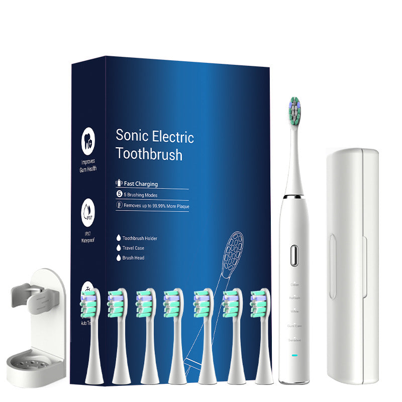 White Sonic Rechargeable Electric Toothbrush with 8 Heads & Travel Case - 5 Brushing Modes & Smart Timer(USB) Tristar Online
