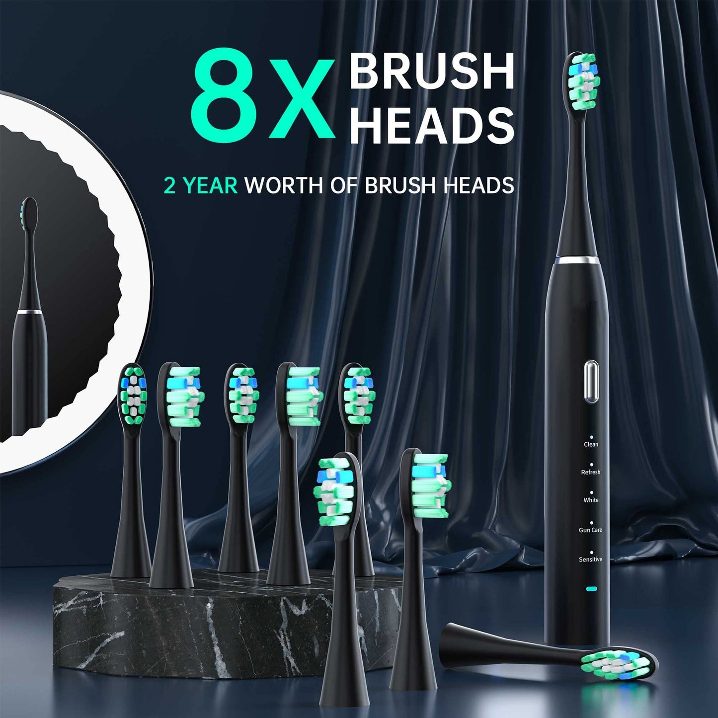 Black Sonic Rechargeable Electric Toothbrush with 8 Heads & Travel Case - 5 Brushing Modes & Smart Timer(USB) Tristar Online