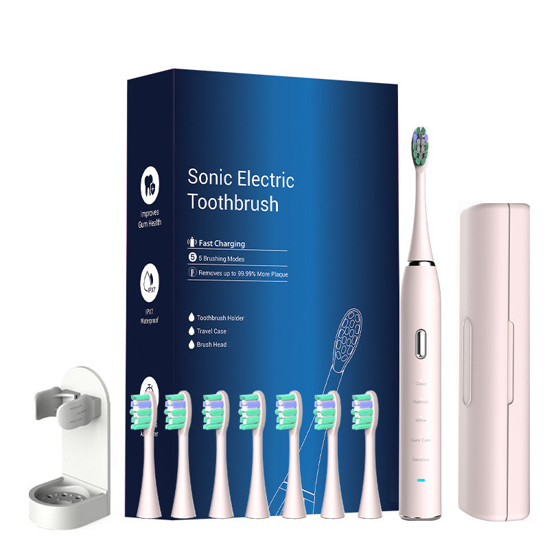 Pink Sonic Rechargeable Electric Toothbrush with 8 Heads & Travel Case - 5 Brushing Modes & Smart Timer(USB) Tristar Online