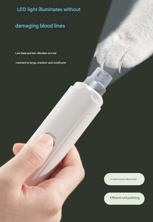 White Quiet Electric Pet Nail Grinder with LED Light - 2-Speed USB-C Rechargeable Trimmer for Dogs & Cats Grooming Tristar Online