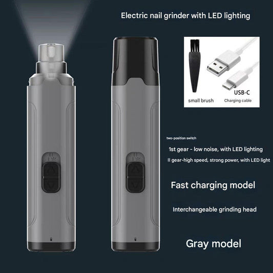 Grey Quiet Electric Pet Nail Grinder with LED Light - 2-Speed USB-C Rechargeable Trimmer for Dogs & Cats Grooming Tristar Online