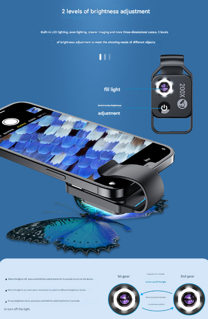 Black Portable 200X Clip-On Microscope Lens for Smartphone - HD Pocket Magnifier with CPL Filter and LED Light(excluding mobile phones) Tristar Online