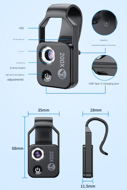 Black Portable 200X Clip-On Microscope Lens for Smartphone - HD Pocket Magnifier with CPL Filter and LED Light(excluding mobile phones) Tristar Online