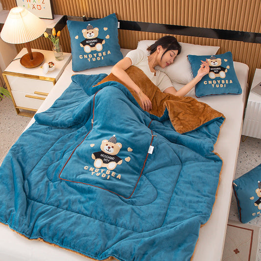 Lake Blue Padded Thickened Hat Bear 2-in-1 Foldable Car Pillow Blanket - Cozy 40x40cm Pillow, Unfolds to 100x150cm Blanket for Travel and Office Naps Tristar Online