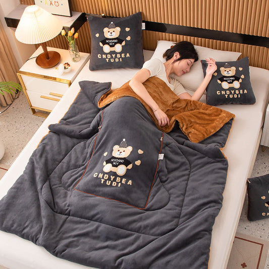 Grey Padded Thickened Hat Bear 2-in-1 Foldable Car Pillow Blanket - Cozy 40x40cm Pillow, Unfolds to 100x150cm Blanket for Travel and Office Naps Tristar Online