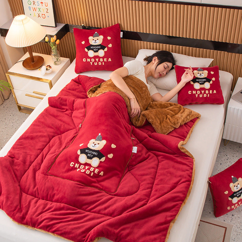 Wine Red Padded Thickened Hat Bear 2-in-1 Foldable Car Pillow Blanket - Cozy 40x40cm Pillow, Unfolds to 100x150cm Blanket for Travel and Office Naps Tristar Online
