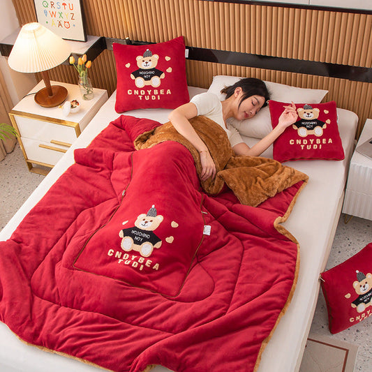 Wine Red Padded Thickened Hat Bear 2-in-1 Foldable Car Pillow Blanket - Cozy 40x40cm Pillow, Unfolds to 100x150cm Blanket for Travel and Office Naps Tristar Online