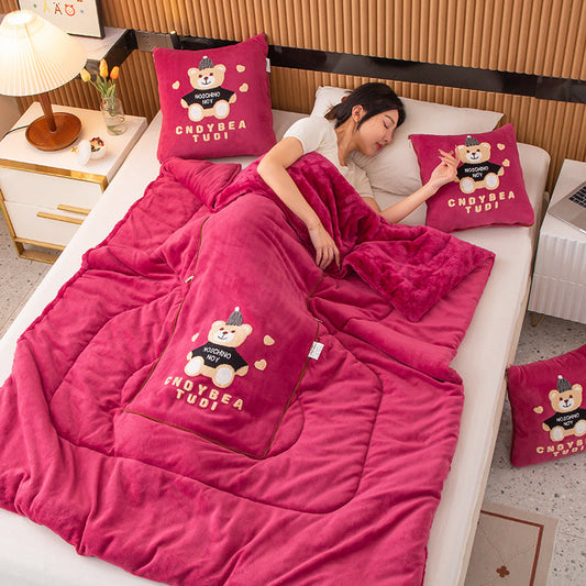 Rose Red Padded Thickened Hat Bear 2-in-1 Foldable Car Pillow Blanket - Cozy 40x40cm Pillow, Unfolds to 100x150cm Blanket for Travel and Office Naps Tristar Online