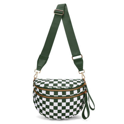 Black and White Checkered Trendy Sling Bag - Women's Crescent Crossbody Purse with Wide Adjustable Strap Tristar Online