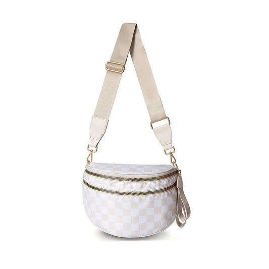 Beige Checkered Trendy Sling Bag - Women's Crescent Crossbody Purse with Wide Adjustable Strap Tristar Online