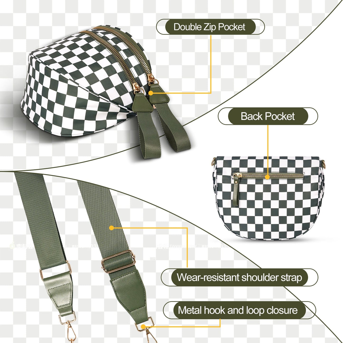 Beige Checkered Trendy Sling Bag - Women's Crescent Crossbody Purse with Wide Adjustable Strap Tristar Online