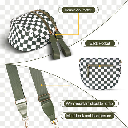 Beige Checkered Trendy Sling Bag - Women's Crescent Crossbody Purse with Wide Adjustable Strap Tristar Online