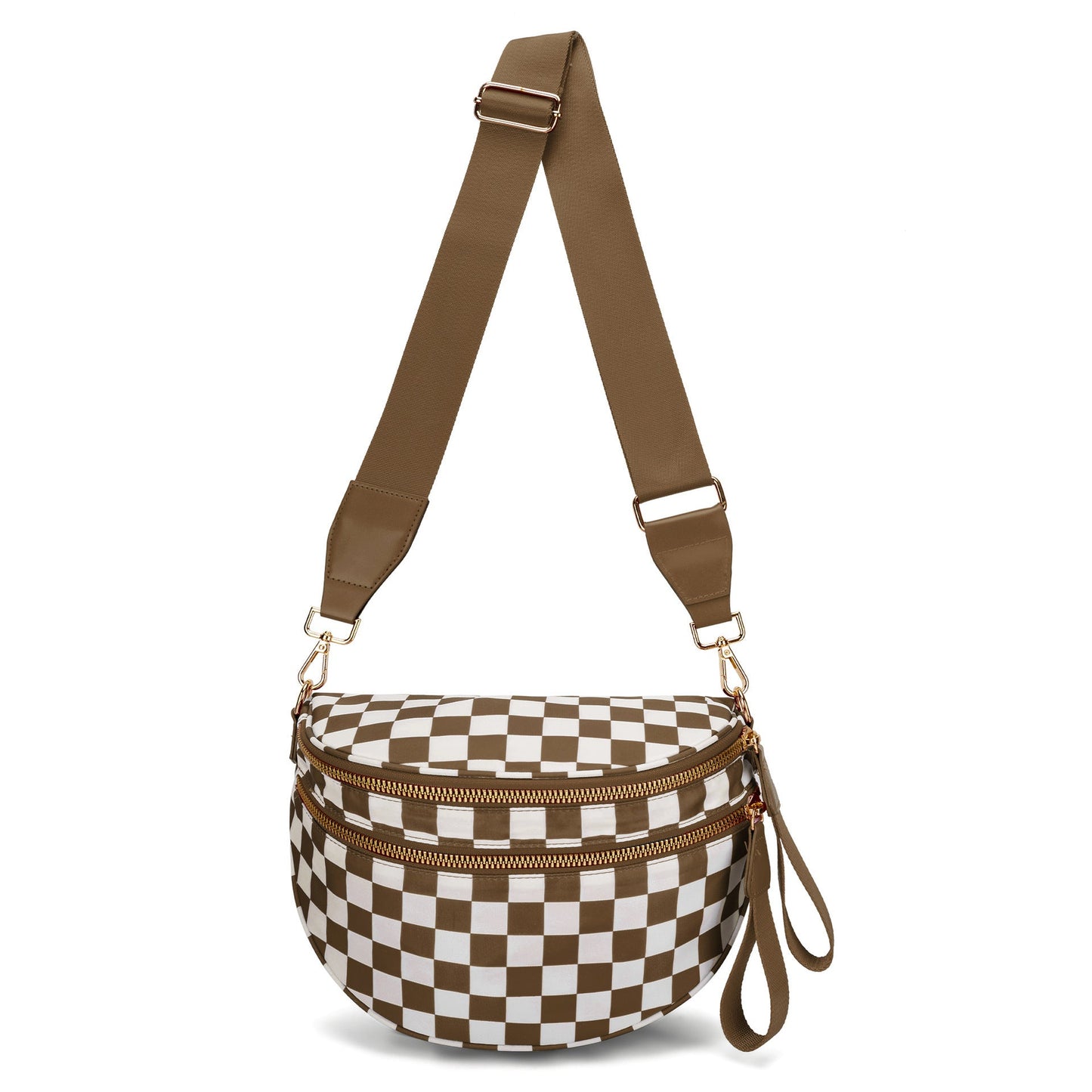 Brown Checkered Trendy Sling Bag - Women's Crescent Crossbody Purse with Wide Adjustable Strap Tristar Online