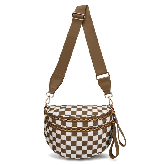 Brown Checkered Trendy Sling Bag - Women's Crescent Crossbody Purse with Wide Adjustable Strap Tristar Online