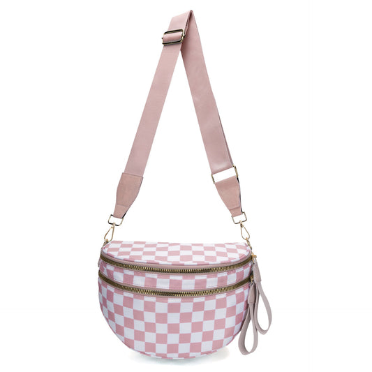 Pink Checkered Trendy Sling Bag - Women's Crescent Crossbody Purse with Wide Adjustable Strap Tristar Online