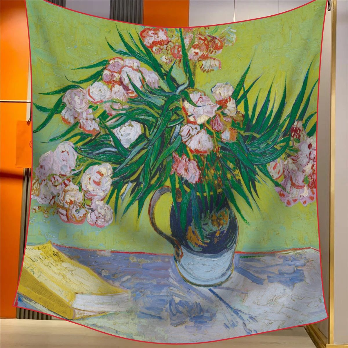 Oleander Elegant Artistry Shawl - Large 130cm Square Scarf with Oil Painting Print & Hand-Rolled Hem Tristar Online