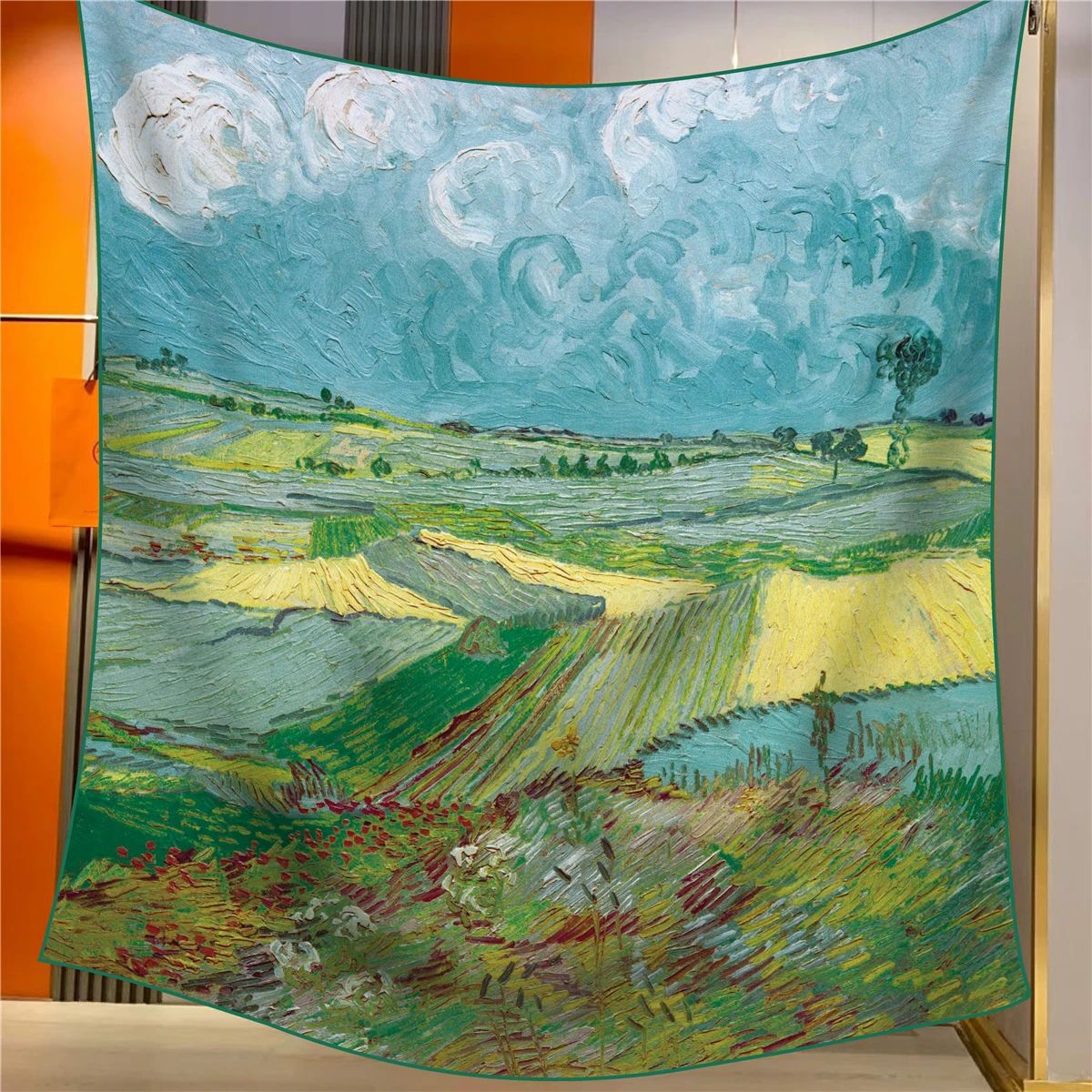 Wheat Fields Under Dark Clouds Elegant Artistry Shawl - Large 130cm Square Scarf with Oil Painting Print & Hand-Rolled Hem Tristar Online