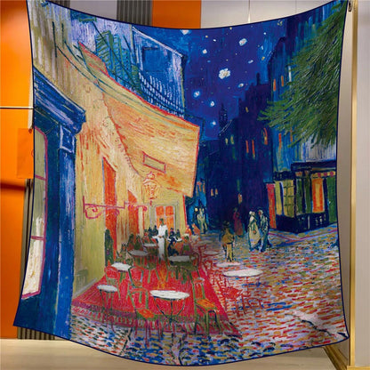 Coffee House Elegant Artistry Shawl - Large 130cm Square Scarf with Oil Painting Print & Hand-Rolled Hem Tristar Online