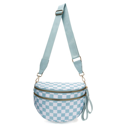 Blue Checkered Trendy Sling Bag - Women's Crescent Crossbody Purse with Wide Adjustable Strap Tristar Online