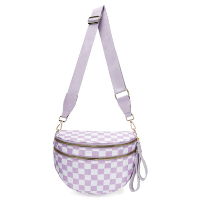 Light Purple Checkered Trendy Sling Bag - Women's Crescent Crossbody Purse with Wide Adjustable Strap Tristar Online
