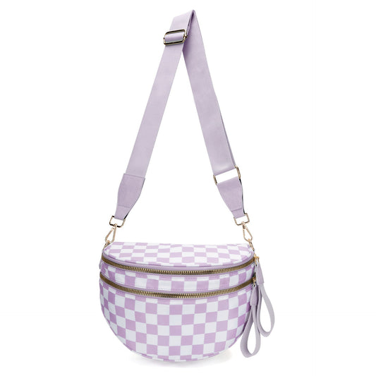 Light Purple Checkered Trendy Sling Bag - Women's Crescent Crossbody Purse with Wide Adjustable Strap Tristar Online