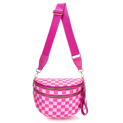 Rose Red Checkered Trendy Sling Bag - Women's Crescent Crossbody Purse with Wide Adjustable Strap Tristar Online
