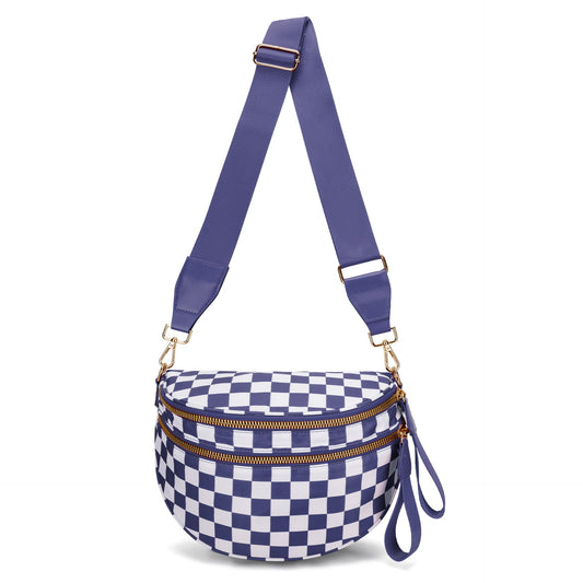 Dark Purple Checkered Trendy Sling Bag - Women's Crescent Crossbody Purse with Wide Adjustable Strap Tristar Online