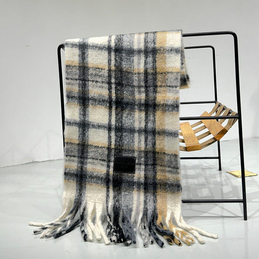 Grey-white Plaid Color-Block Women's Scarf - Autumn/Winter Thick Warm Neck Wrap with Tassels Tristar Online