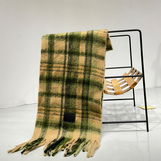 Yellow-green Plaid Color-Block Women's Scarf - Autumn/Winter Thick Warm Neck Wrap with Tassels Tristar Online