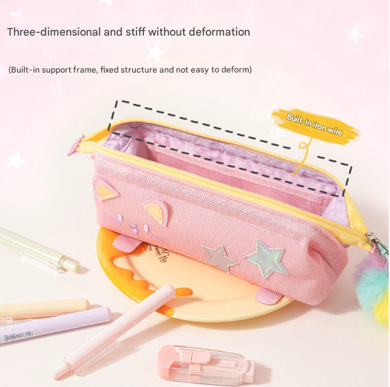 Pink Cute Cat Pencil Case for Girls - Large Capacity Sparkly Stationery Pouch with Fluffy Pom Pom Tristar Online