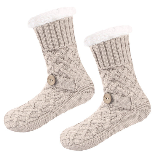 Khaki Women's Cozy Cable Knit Slipper Socks - Plush Fleece Lined Thermal Socks with Non-Slip Grips Tristar Online