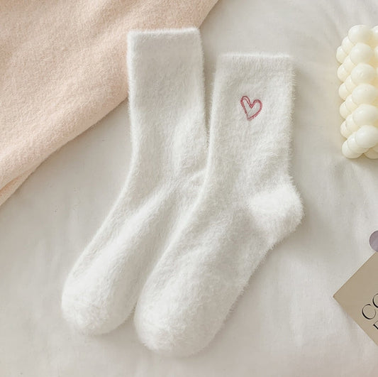 2-Piece White Women's Ultra-Soft Fuzzy Socks - Plush Chenille Thermal Crew Socks with Heart Embroidery Tristar Online