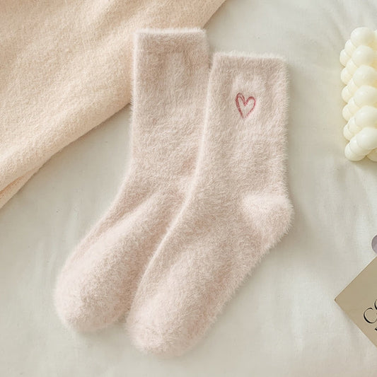2-Piece Light Pink Women's Ultra-Soft Fuzzy Socks - Plush Chenille Thermal Crew Socks with Heart Embroidery Tristar Online