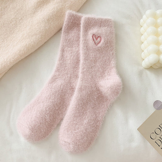 2-Piece Pale Pink Women's Ultra-Soft Fuzzy Socks - Plush Chenille Thermal Crew Socks with Heart Embroidery Tristar Online